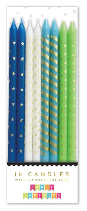 Blue & Green Metallic Patterned Candle Set | 16ct - Zurchers