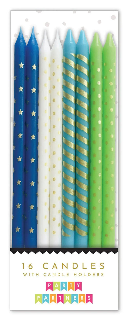 Blue & Green Metallic Patterned Candle Set | 16ct - Zurchers
