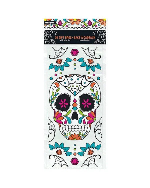 Day of the Dead Skull Cello Treat Bags with Ties 5" x 11" | 20 ct - Zurchers