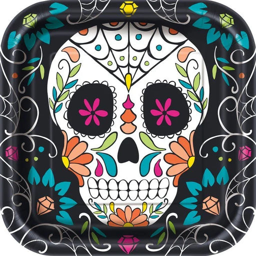 Day of the Dead Skull Square Dinner Plates 9" | 8ct - Zurchers