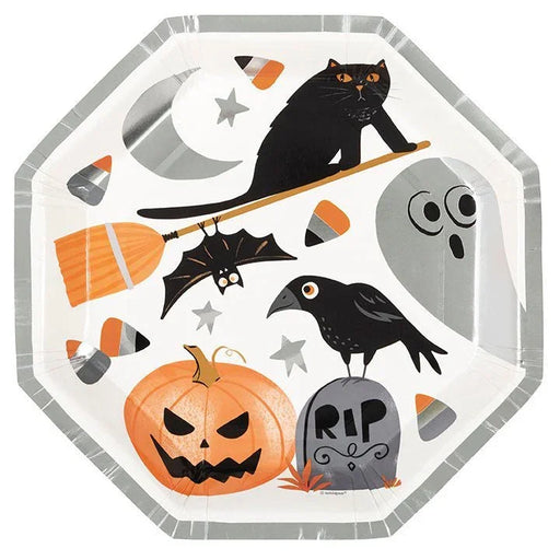 Halloween Bats & Boos Foil Stamped Octagonal Paper Plates 9" | 8 Ct - Zurchers