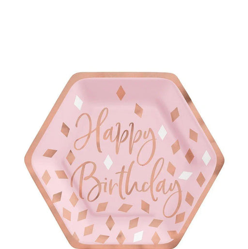 Metallic Blush Hexagon Happy Birthday Dessert Plates 7in | 8ct - Zurchers