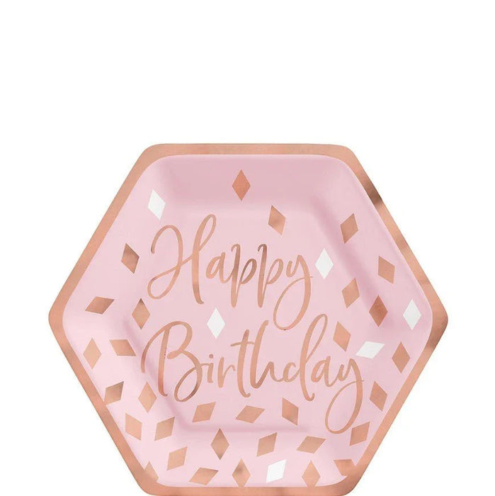 Metallic Blush Hexagon Happy Birthday Dessert Plates 7in | 8ct - Zurchers