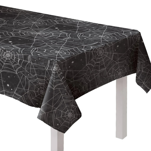 Halloween Spiderweb Night Flannel - Backed Vinyl Tablecloth, 54in x 108in | 1ct - Zurchers