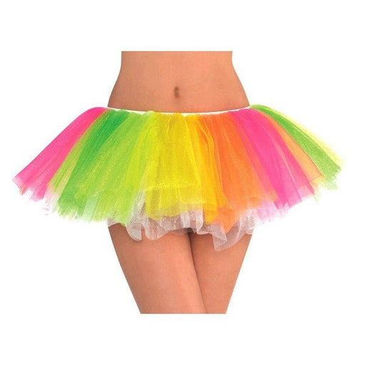 Short tutu skirt made of layered tulle in neon pink, green, yellow, and orange.