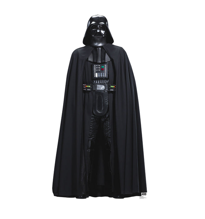 Cutout standee of Darth Vader dressed in black armor and a cape, standing upright with his hands resting on his belt.