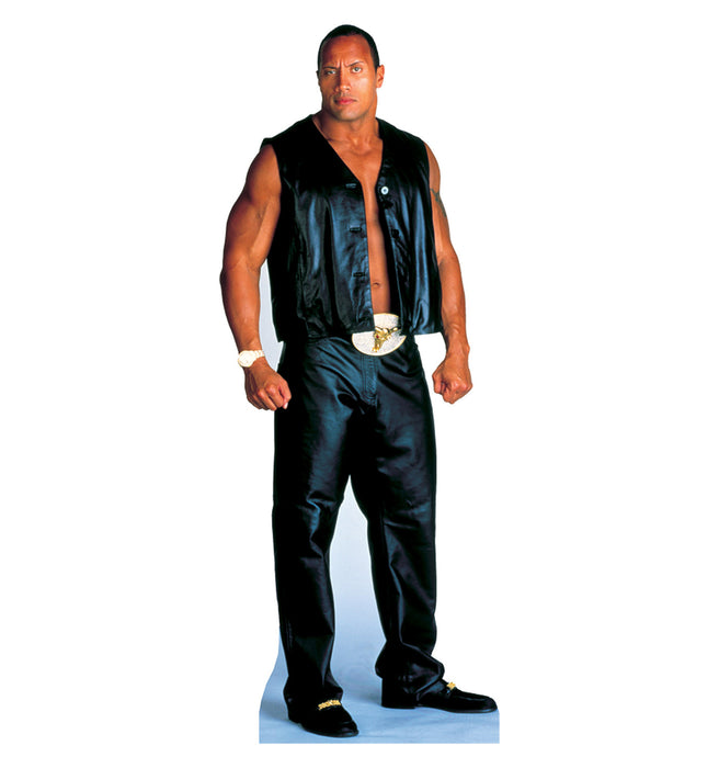 Life-size cardboard cutout of a muscular man wearing a sleeveless black leather vest, black leather pants, and black shoes, with a gold belt buckle and bracelet, standing confidently with clenched fists.