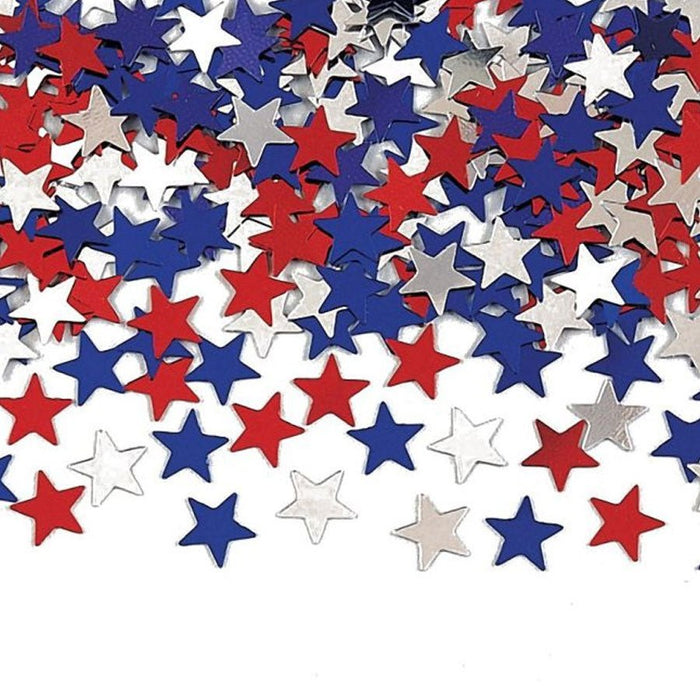 Scattered metallic star-shaped confetti in red, white, and blue colors, ideal for patriotic celebrations such as the Fourth of July, Memorial Day, or other festive events.
