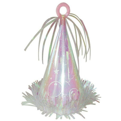 Iridescent cone-shaped balloon weight with a shiny pink and white surface, decorated with white swirl and star patterns, topped with metallic streamers and a circular loop for tying balloons, and trimmed with reflective fringe at the base.