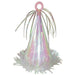 Iridescent cone-shaped balloon weight with a shiny pink and white surface, decorated with white swirl and star patterns, topped with metallic streamers and a circular loop for tying balloons, and trimmed with reflective fringe at the base.