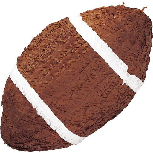 Football-shaped piñata designed to resemble a classic brown American football with white stripe details, made with layered tissue paper for party games and sports-themed celebrations.