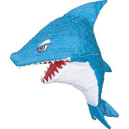 A blue shark piñata with a white underbelly, red-and-white jagged teeth, and an intense expression.