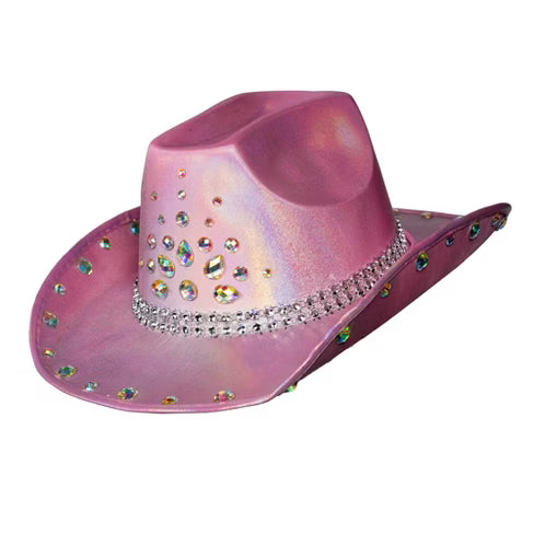 Holographic cowboy hat with iridescent finish, wide brim, and high crown, ideal for parties, concerts, or glam western costumes.
