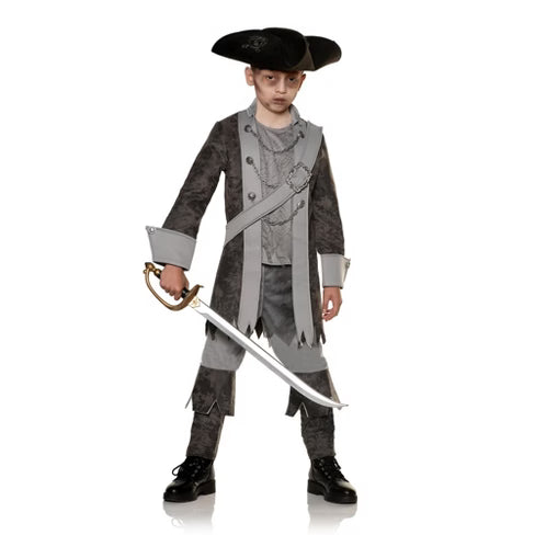 A child dressed in a ghost pirate costume featuring a tattered black and gray outfit with spectral details, complete with a matching pirate hat, posing as a spooky swashbuckler