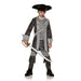A child dressed in a ghost pirate costume featuring a tattered black and gray outfit with spectral details, complete with a matching pirate hat, posing as a spooky swashbuckler