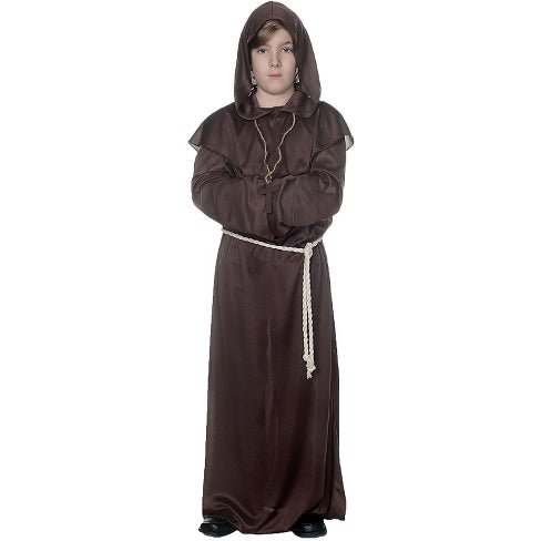 Child’s brown monk robe costume with hood and white rope belt, ideal for Halloween, nativity scenes, or medieval events