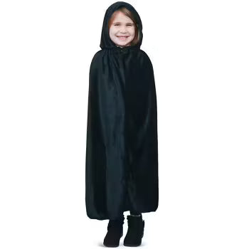 Child’s black velvet hooded cape with tie closure, ideal for Halloween, witch, vampire, or wizard costumes