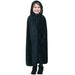 Child’s black velvet hooded cape with tie closure, ideal for Halloween, witch, vampire, or wizard costumes