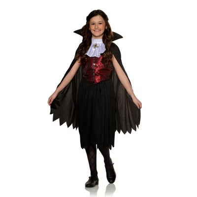 Girls’ vampiress costume with long black and red dress, batwing sleeves, and high collar, perfect for Halloween or gothic-themed events