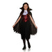 Girls’ vampiress costume with long black and red dress, batwing sleeves, and high collar, perfect for Halloween or gothic-themed events