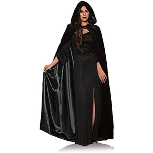 A person wearing a long, flowing black velvet cape with a tall, structured collar. The cloak is closed at the neck and extends to the floor, creating a dark and elegant look ideal for vampire, witch, or gothic-themed costumes
