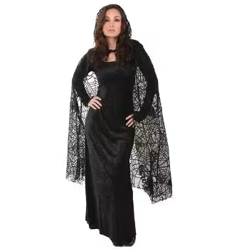A full-length black cloak with an oversized hood, tied at the neck, designed to evoke a vampire or gothic fantasy character, perfect for Halloween or theatrical costumes