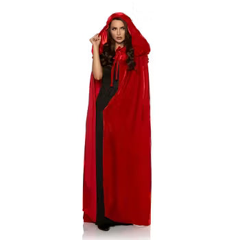 A long red hooded cloak with a front tie closure, made of flowing fabric, ideal for vampire, witch, or fantasy costumes, adding a bold and mysterious touch to any Halloween or cosplay outfit