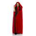 A long red hooded cloak with a front tie closure, made of flowing fabric, ideal for vampire, witch, or fantasy costumes, adding a bold and mysterious touch to any Halloween or cosplay outfit
