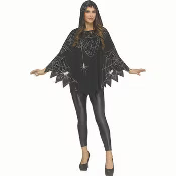 Women's sheer black spiderweb cape with hood and tie closure, ideal for Halloween or witch and vampire costumes