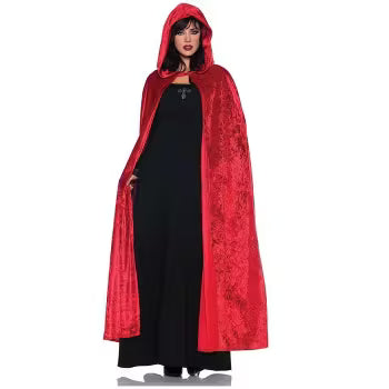 Red sheer cape with black spiderweb pattern and tie closure, ideal for Halloween witch or vampire costumes