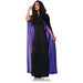 Purple sheer cape with black spiderweb design and tie closure, perfect for witch or gothic Halloween costumes