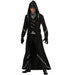 A man dressed in an elegant dark warlock costume featuring a long black and red coat with brocade detailing, a tall hat adorned with symbols, and matching gloves, portraying a powerful and mysterious magical figure