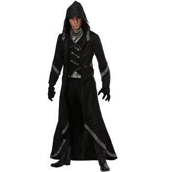 A man dressed in an elegant dark warlock costume featuring a long black and red coat with brocade detailing, a tall hat adorned with symbols, and matching gloves, portraying a powerful and mysterious magical figure