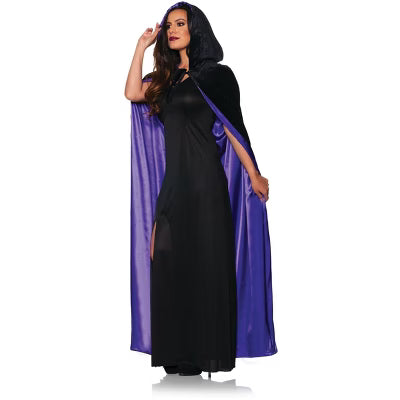 Full-length purple witch cloak with attached hood, perfect for Halloween or magical costume themes