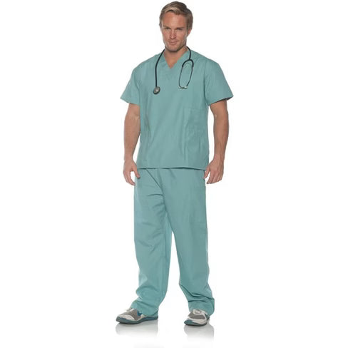 An adult wearing a green surgeon costume consisting of scrubs, matching pants, and a surgical mask and cap, standing ready for action