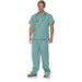 An adult wearing a green surgeon costume consisting of scrubs, matching pants, and a surgical mask and cap, standing ready for action