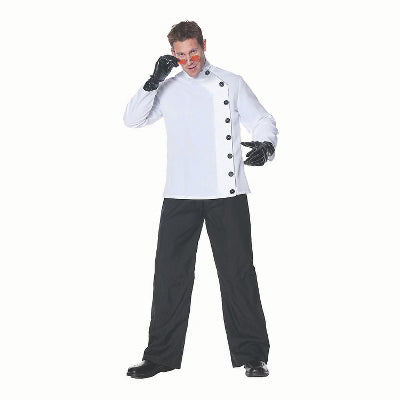 Adult white mad scientist costume with printed lab tools and science graphics, perfect for Halloween or themed parties