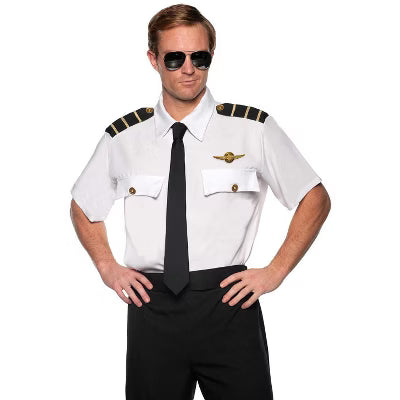 Adult airline pilot costume shirt with printed epaulets, wings, and pocket details, ideal for Halloween or themed events