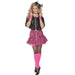 A child wearing a colorful 1980s-style outfit with a black tank top, a multi-color tutu skirt, neon accessories, and mesh gloves, striking a fun, energetic pose