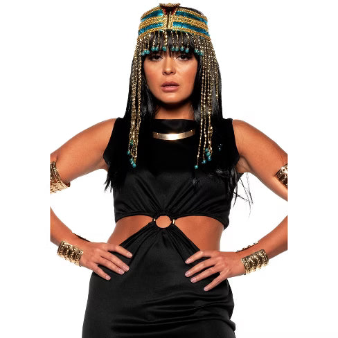 Deluxe gold and blue Egyptian headband with metallic finish, styled for pharaoh or Cleopatra costumes.