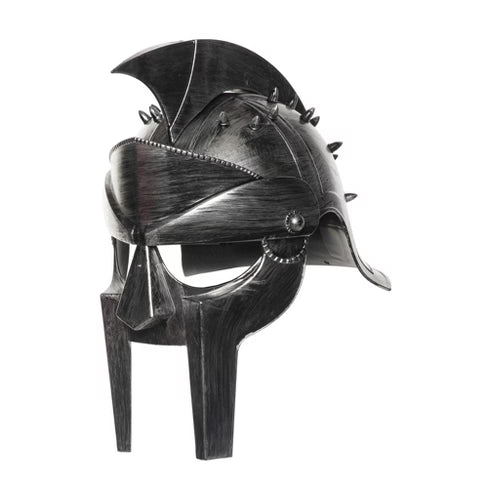Evil Roman helmet with attached face mask, metallic finish, costume accessory for Halloween or cosplay.