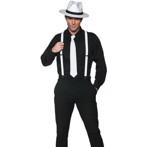 Gangster costume accessory kit with black fedora hat, matching black tie, and suspenders, ideal for 1920s or mobster-themed outfits.