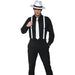 Gangster costume accessory kit with black fedora hat, matching black tie, and suspenders, ideal for 1920s or mobster-themed outfits.