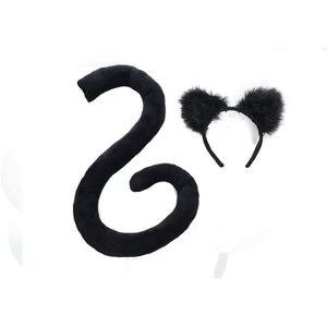 Black plush cat ears headband with matching black tail costume accessory set.