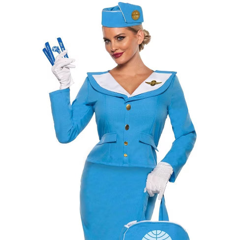 Blue stewardess costume accessory kit featuring a retro-style airline hat with gold trim and a matching neck scarf, displayed on a white background.