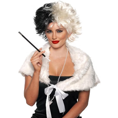 Villain wig with long wavy black and white hair for costumes.
