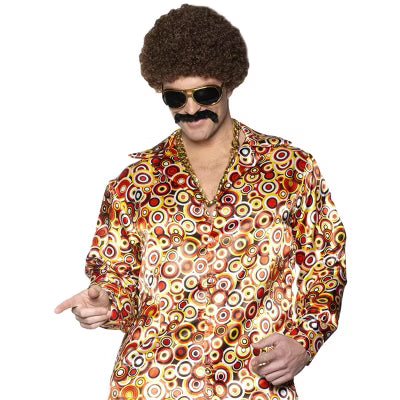 Disco costume accessory kit featuring black afro wig, gold sunglasses, and a shiny gold medallion necklace, ideal for 70s party wear.