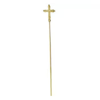 Gold costume cross necklace with green faux gemstones and a gold chain.