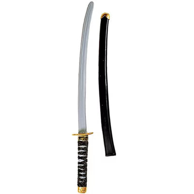22-inch black plastic ninja sword with wrapped handle and sheath, ideal for costumes or cosplay props.