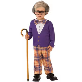 Old man costume kit with bald cap, white hair, mustache, and eyebrows—ideal for 100th day of school or Halloween dress-up